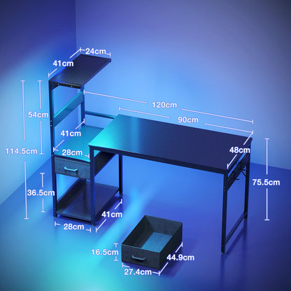 Coleshome 120×48 cm Gaming Desk with LED Lights, Carbon Fiber Black