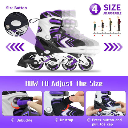 Adjustable Inline Skates for Girls, Girls Roller Skates for Kids Ages 8-12, Roller Skates with All Light up Wheels for Youth, Purple