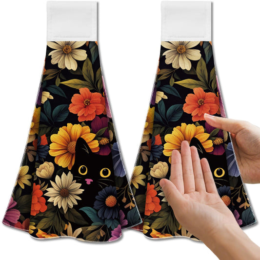 CUTHOLLOW Black Cat and Colorful Flower Hanging Kitchen Towels with Loop, Set of 2-Soft & Super Absorbent Microfiber Decorative Hanging & Hand Towel,