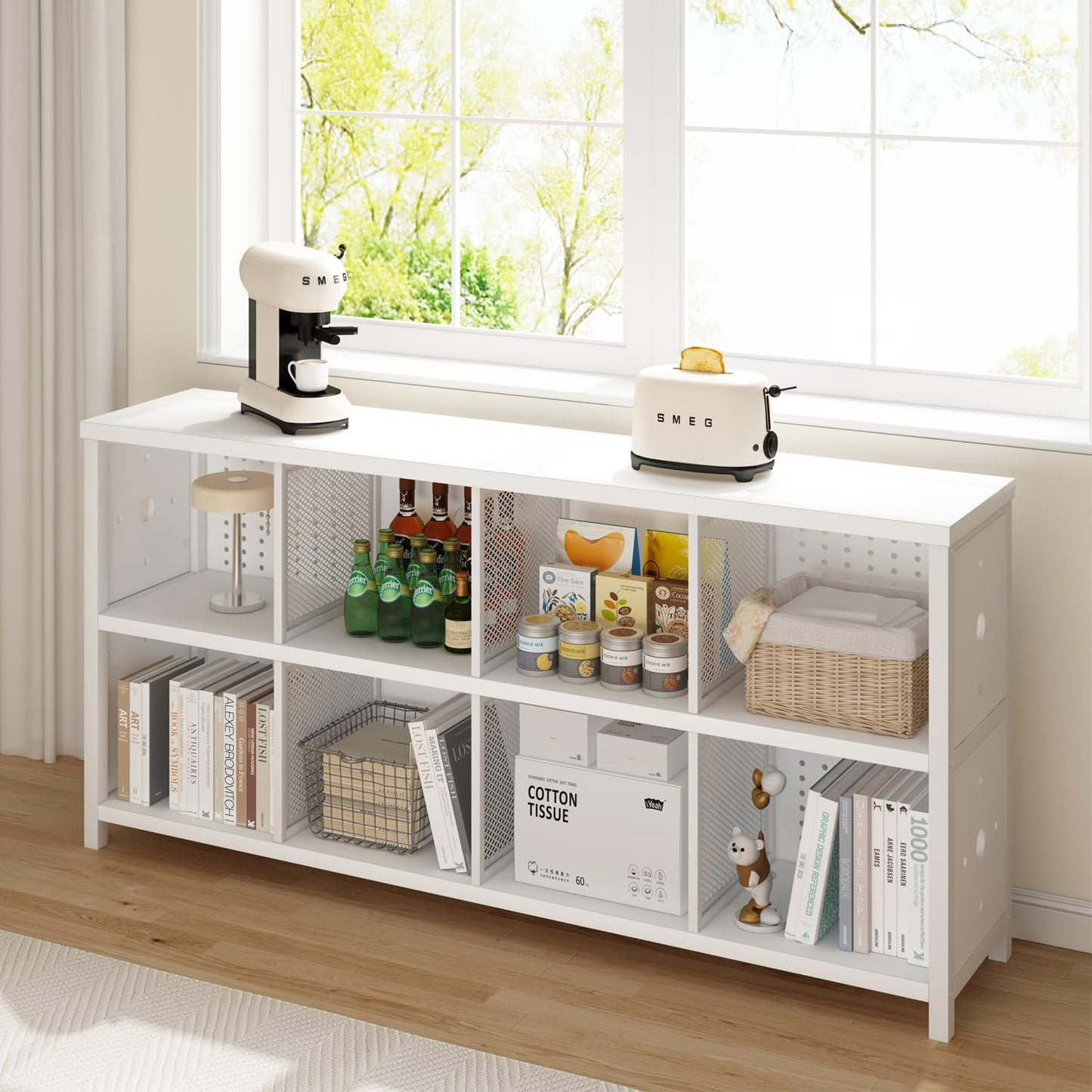 LVB White Horizontal Bookcase, Modern Bookshelf Cube Storage Organizer, Farmhouse Wide Large Wood Metal Book Shelf