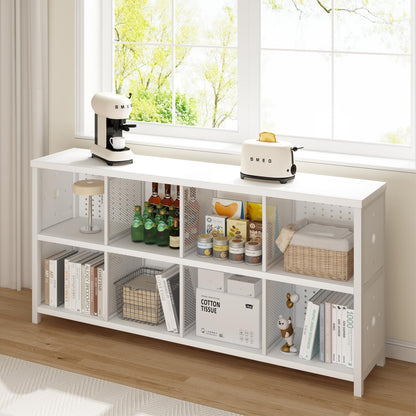 LVB White Horizontal Bookcase, Modern Bookshelf Cube Storage Organizer, Farmhouse Wide Large Wood Metal Book Shelf