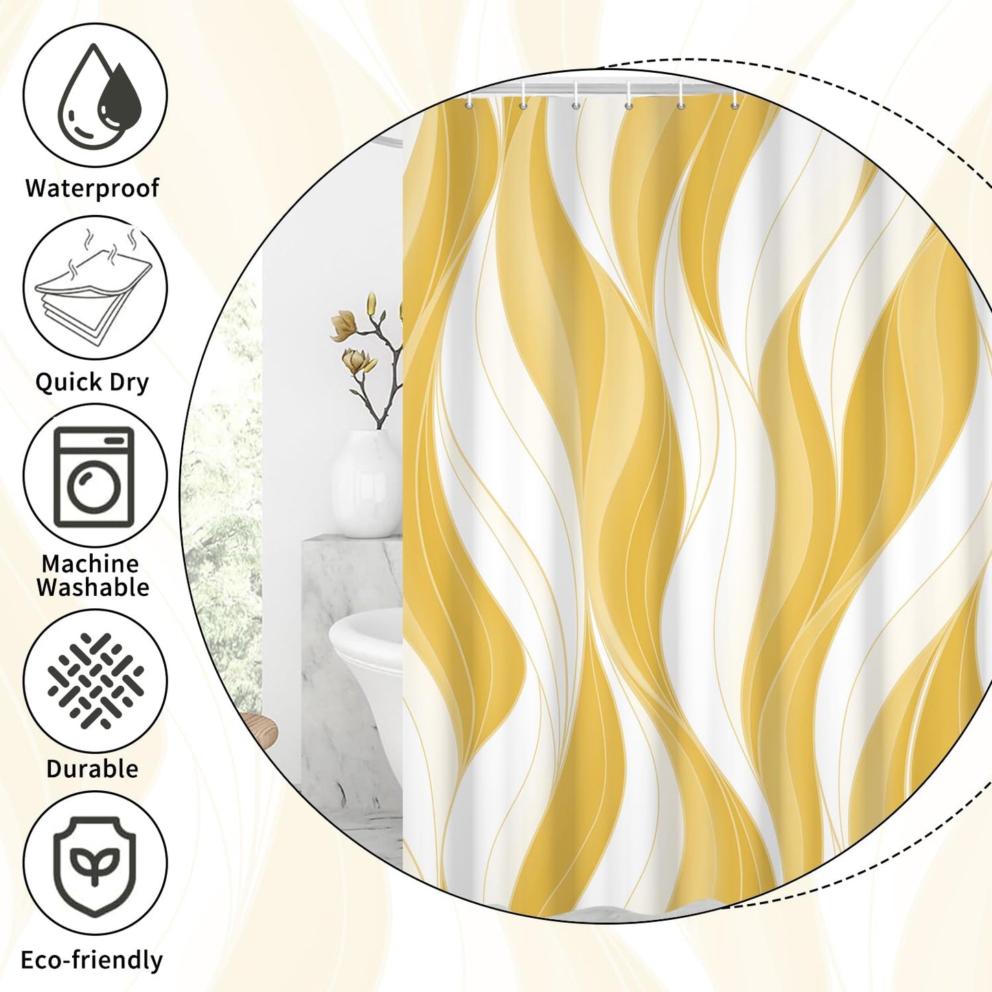 GCIREC Shower Curtain, 90x180cm, Modern Abstract Yellow White Ombre Striped Minimalist Art Waterproof Fabric Machine Washable Bathroom Curtain with
