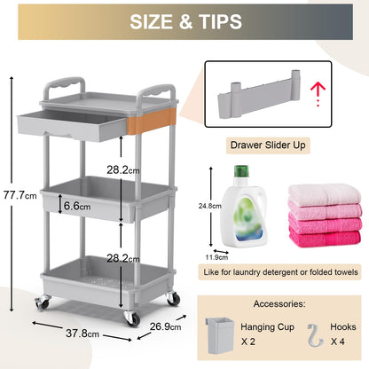 Yeabett 3 Tier Storage Trolley with Drawer, Utility Cart with Plastic Shelf & Lockable Wheels Multifunctional Storage Cart for Kitchen, Bathroom