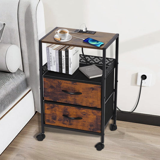 Yosamy Slim Bedside Table with Charging Station & 2 Drawers - Narrow End Table with 2 Outlets, USB Ports,Industrial Rustic Brown Nightstand for Small