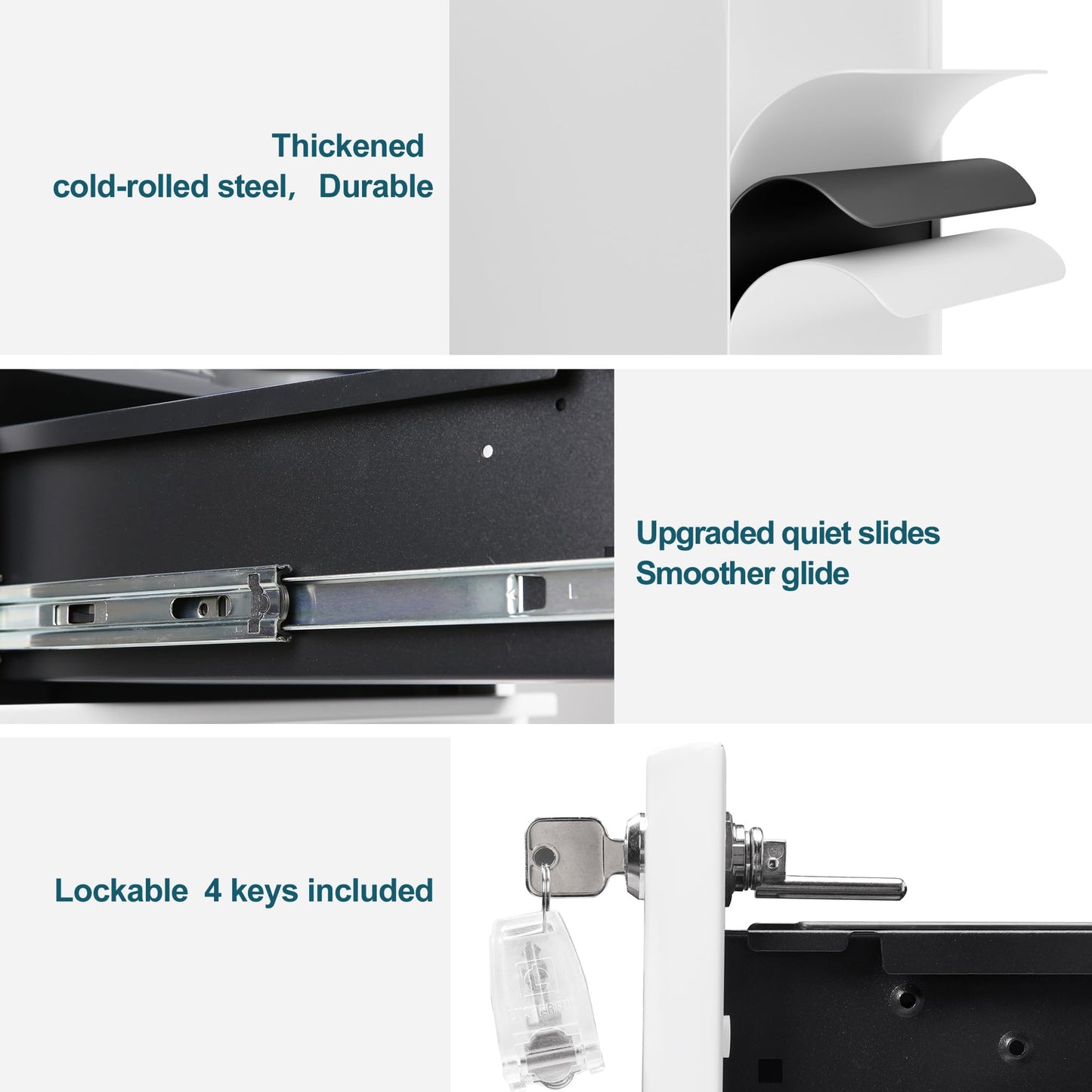 LVSTEEL Lockable 3-Drawer Metal Filing Cabinet on Wheels, Fully Assembled Mobile Office Storage for A4/Letter/Legal