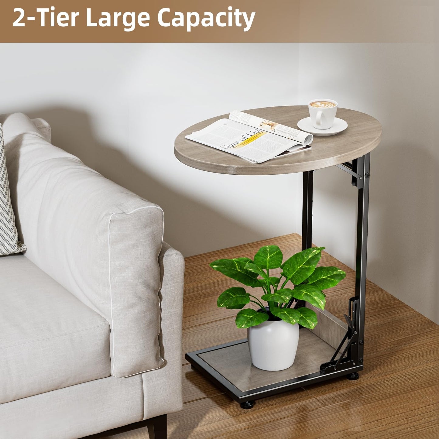 Mutool C Shaped End Table, Foldable Side Table, Round Sofa Table with Metal Frame, Small Coffee Table for Living Room Bedroom Office, Oak Grey