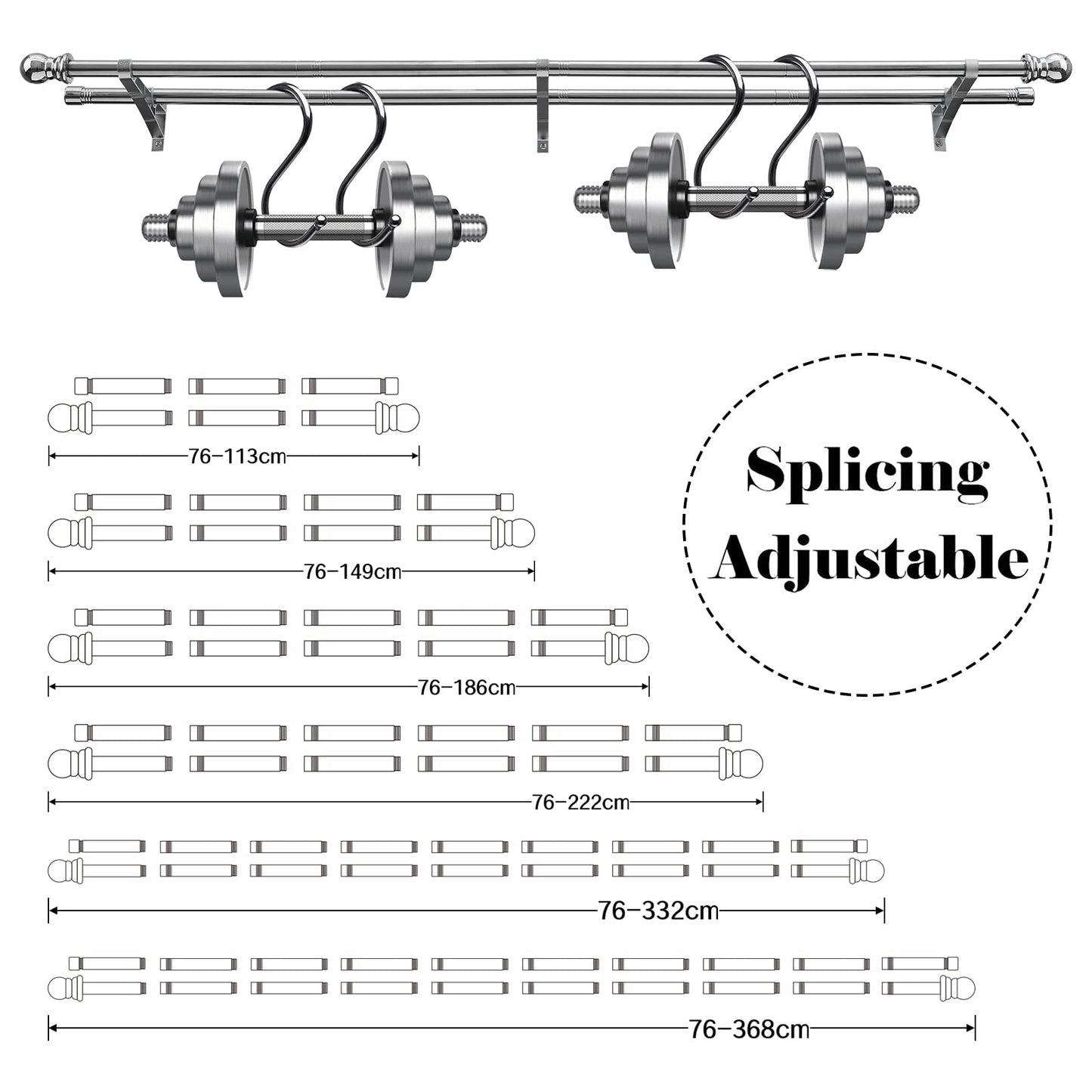 Harrms Double Curtain Pole, Curtain Poles for Eyelet Curtains, Silver Curtain Pole 76-332cm, Extendable Metal Curtain Rod Stainless Steel Room