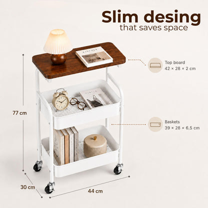 MAGIC SELECT Storage Trolley on Wheels 3 Tier. Rolling Storage Cart with Wooden Top. Metal Storage Trolley Organiser for Kitchen, Bathroom