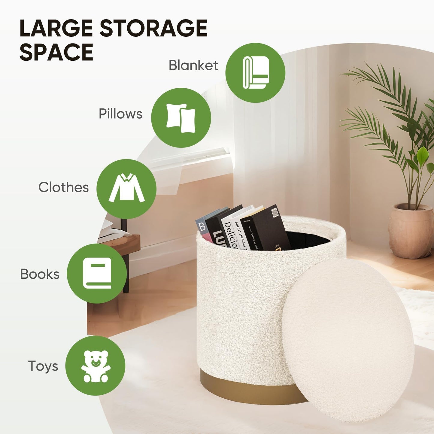 Bonlife Round Ottoman - Coffee Table with Storage, Cream, 37.5x37.5x42.5cm