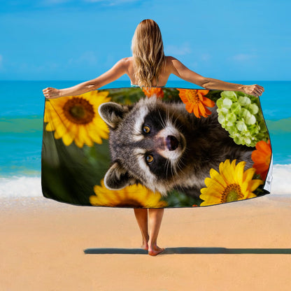 Violetpos Raccoon in Sunflowers & Hydrangeas Beach Towel, Extra Large 180x90 cm 250GSM Microfibre, Sand Free Quick Dry