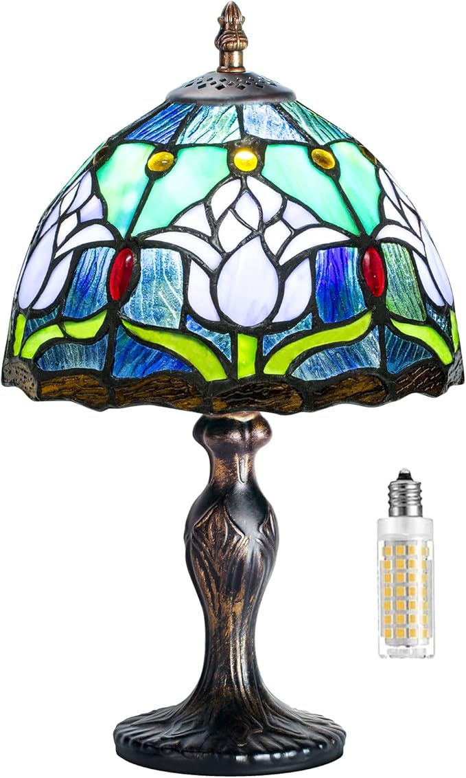MIAOKE Stained Style Table Lamp, Vintage Table Lamp, Handcraft Stained Glass Lampshade, Table Lamps for Bedroom, Bedside Lamp, Study, Office (Blue Tulip)