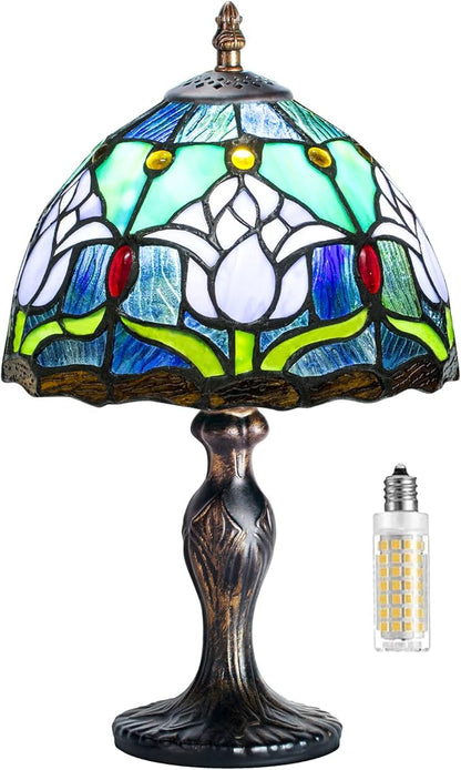 MIAOKE Stained Style Table Lamp, Vintage Table Lamp, Handcraft Stained Glass Lampshade, Table Lamps for Bedroom, Bedside Lamp, Study, Office (Blue Tulip)