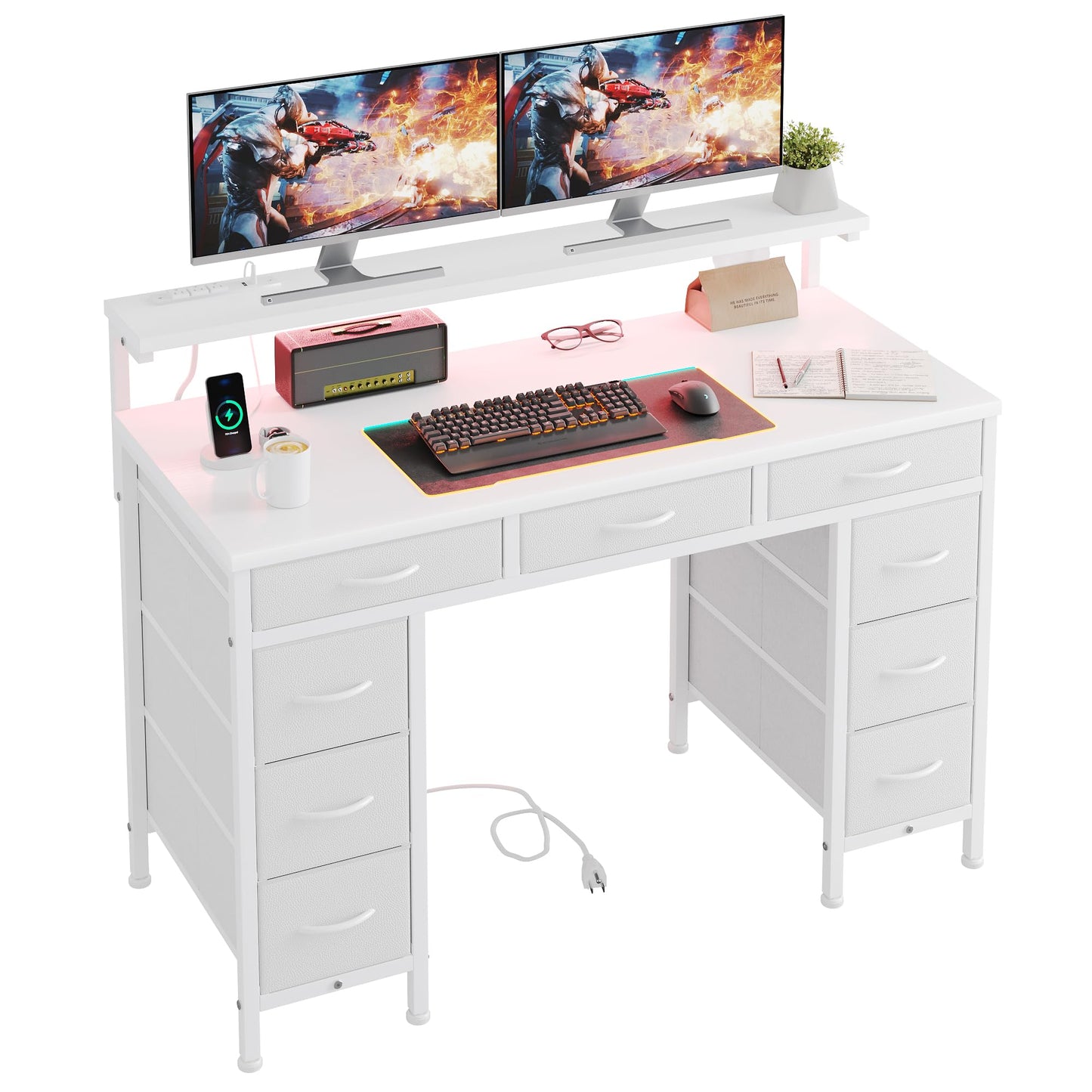 Flrrtenv Computer Desk with 9 Drawers & LED Light, 120 x 50 cm Home Office Desk with Storage & Power Outlets USB Type-C