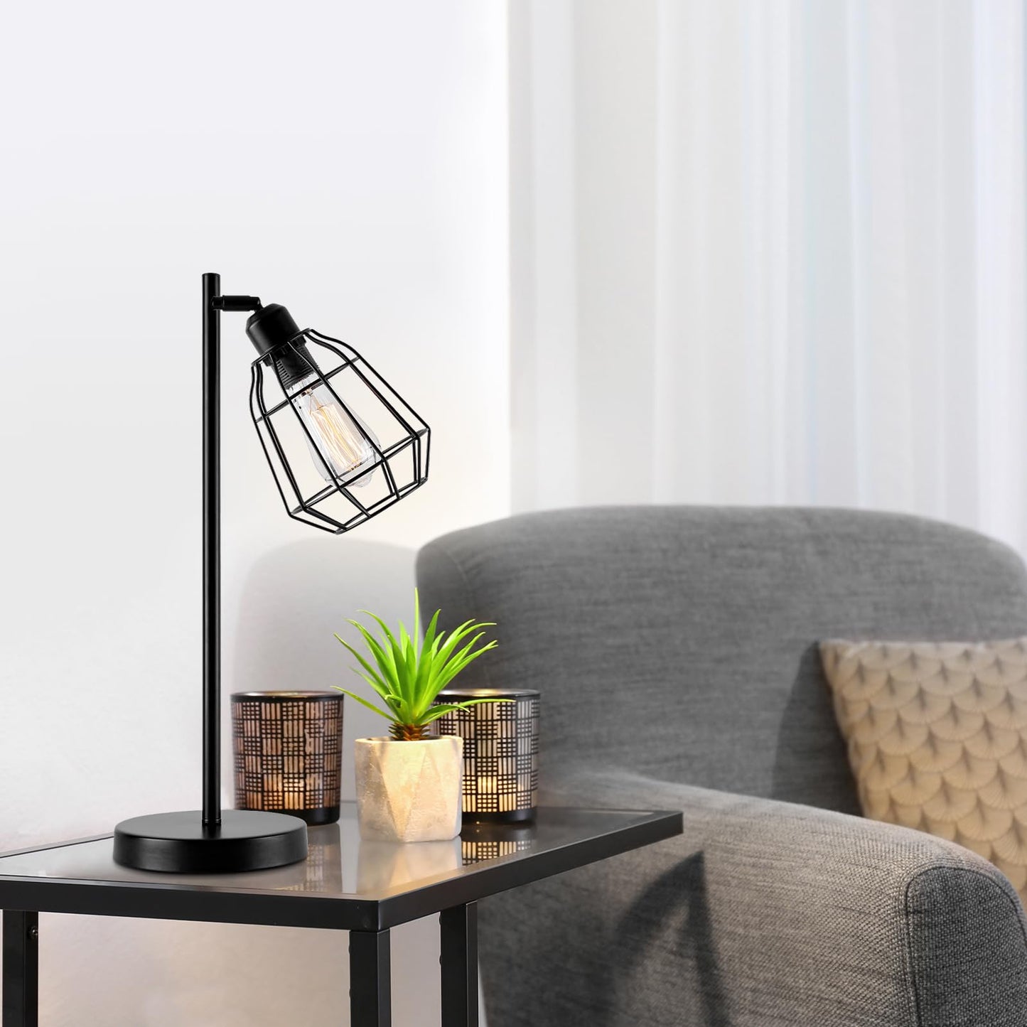 HARPER LIVING Plug in Table Lamp, Caged Bedside Table Light with Switch, E27 Cap, Reading Desk Lamp Black Vintage Finish, Ideal for Living Room,