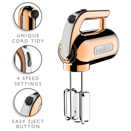 Dualit Hand Mixer Copper - 400W - Strong Grip Handle - Attachments Included - Integral Plug Storage - 4 Speed Settings - Repairable gears - Flat
