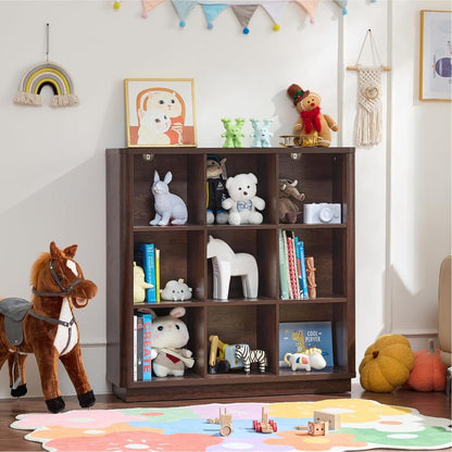 LELELINKY 9 Cube Storage Bookcase, 41" Wide Wooden Book Shelf with Thickened Base, Freestanding 3-Tier Open Book Case Unit with Curved Edge