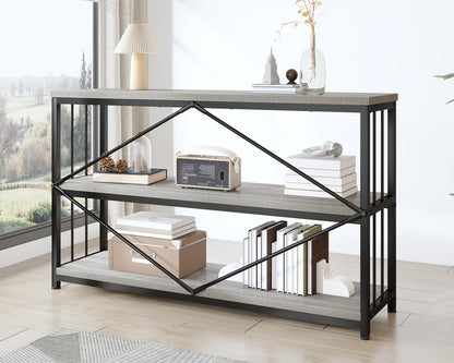 IBF 47" Gray 3 Tier Low Bookcase,Industrial Modern Short Horizontal Etagere Bookshelf