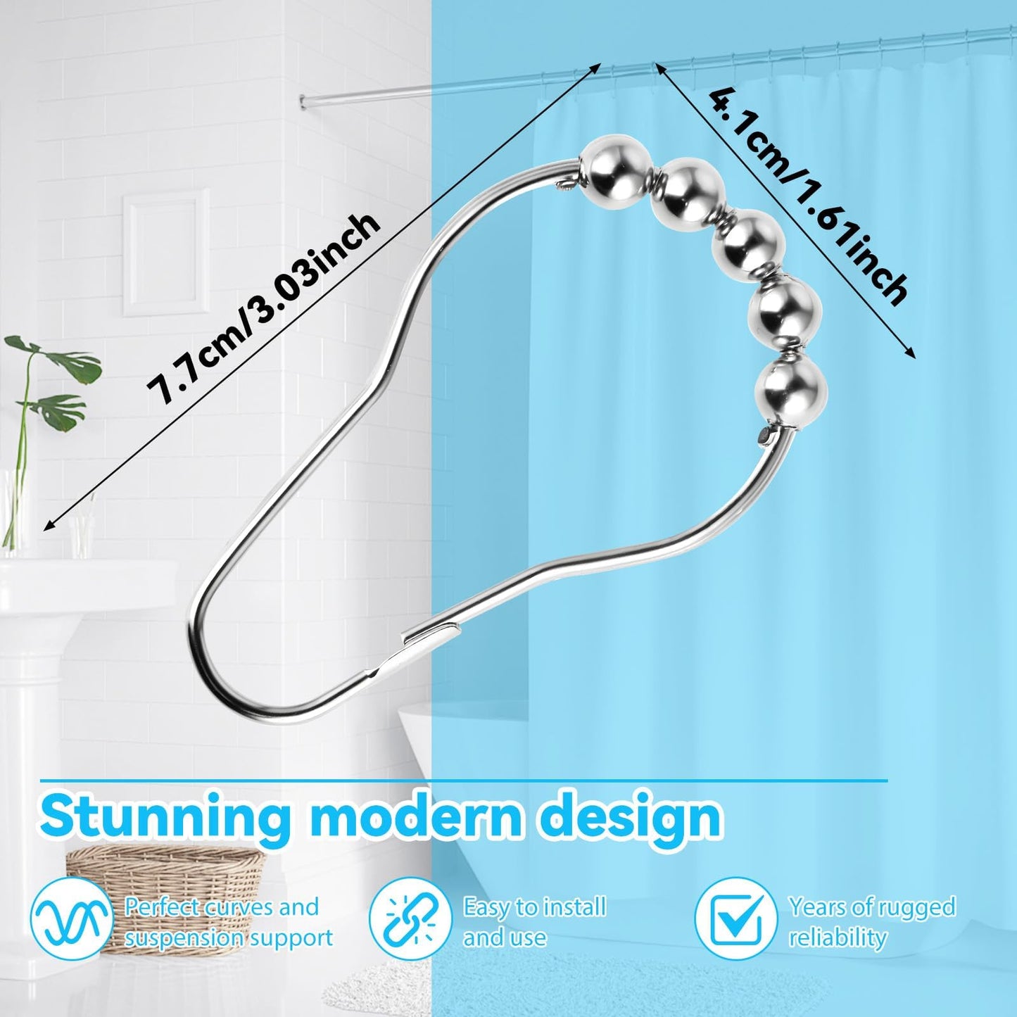 Fogcosy 14 Pcs Stainless Steel Shower Curtain Hooks with Roller Balls, Rust-Resistant, Heavy-Duty Closure, Suitable for Standard Bathrooms
