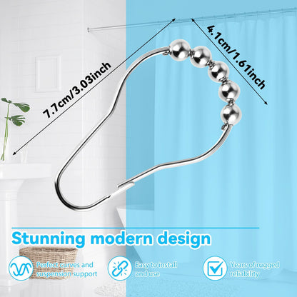 Fogcosy 14 Pcs Stainless Steel Shower Curtain Hooks with Roller Balls, Rust-Resistant, Heavy-Duty Closure, Suitable for Standard Bathrooms