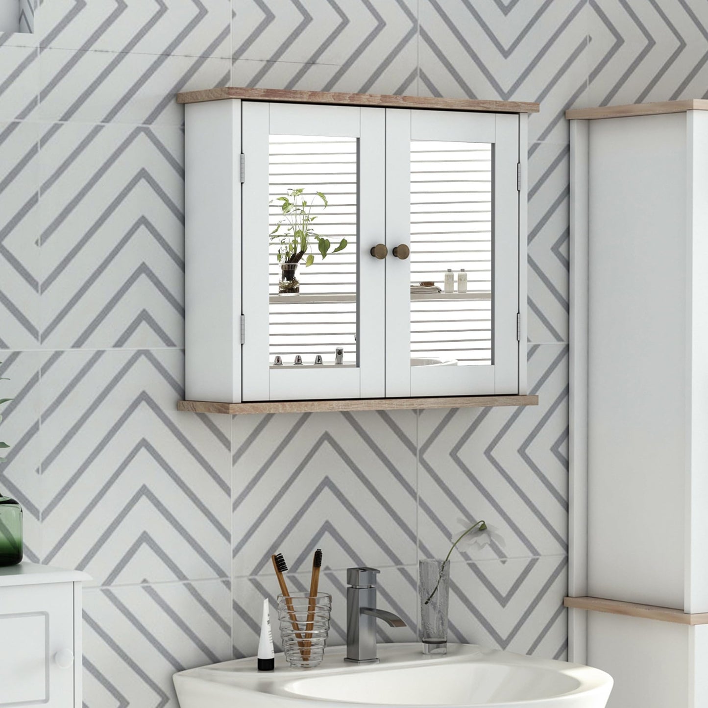 kleankin Bathroom Mirror Cabinet Wall Mounted Storage Cupboard with Double Door and Adjustable Shelf, White