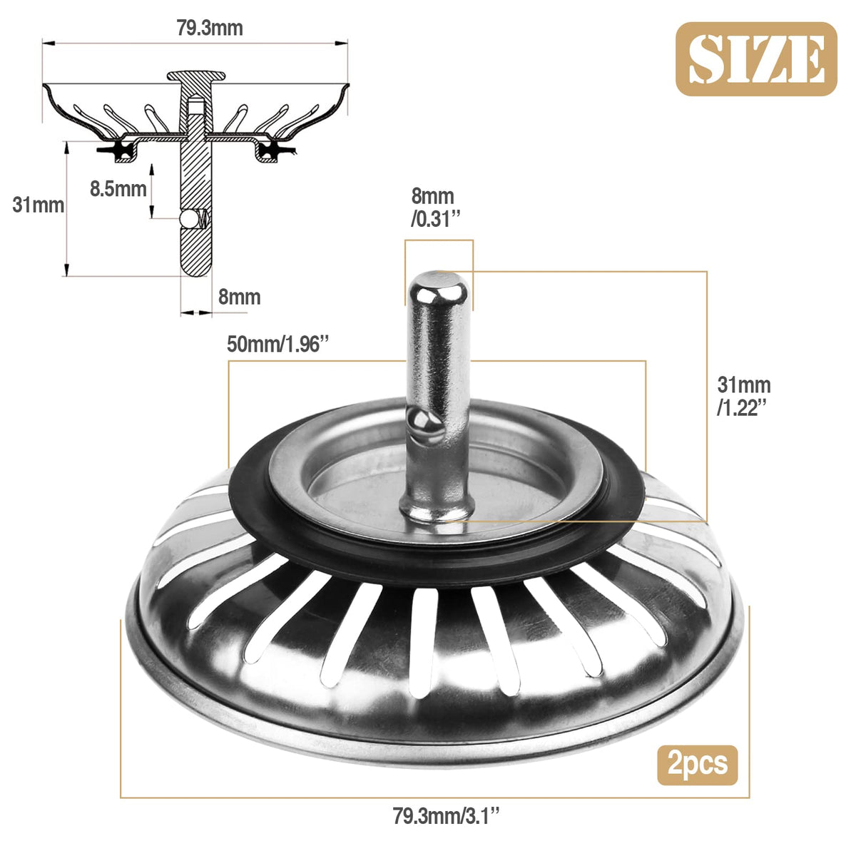 2 Pack Kitchen Sink Strainer Plug, Stainless Steel Push Style Plug for Sink Drainer Waste Plug Basket Strainer and Plug Replacement for Kitchen Sink