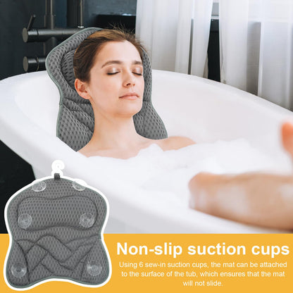 Bath Pillow, 4D Ergonomic Bathtub Spa Pillow Breathable Air Mesh Bathtub with 6 Suction Cup and Hook for Head, Shoulder