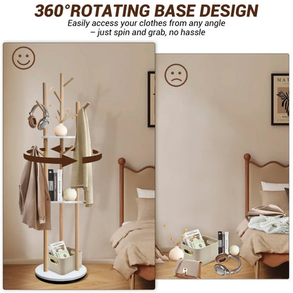 SUNDOY 165CM Rotating Wooden Coat Rack Freestanding with 3 Shelves & 9 Hooks, Hall Tree Stand for Entryway, Bedroom, Hallway & Living Room