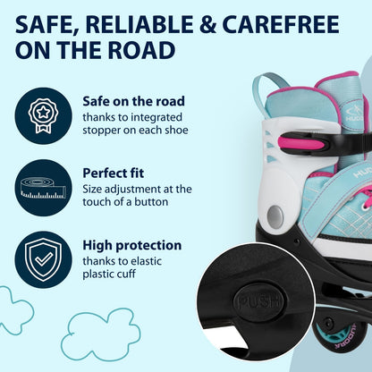 HUDORA Inline Skates Basic in blue/mint - Inliner for children & teenagers in various sizes - Roller skates adjustable up to 4 sizes - Ideal as entry