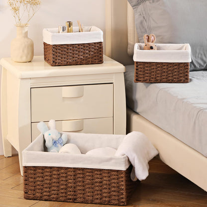 Vagusicc Wicker Storage Basket, Set of 3 Rectangular Storage Gift Hamper Basket with Removable Fabric Lining