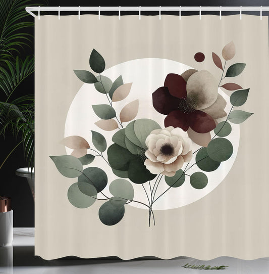 ABAKUHAUS Monstera Shower Curtain, Boho Minimalist Floral, Cloth Fabric Bathroom Decor Set with Hooks, 175 x 200 cm, Pale Sage Green Blush