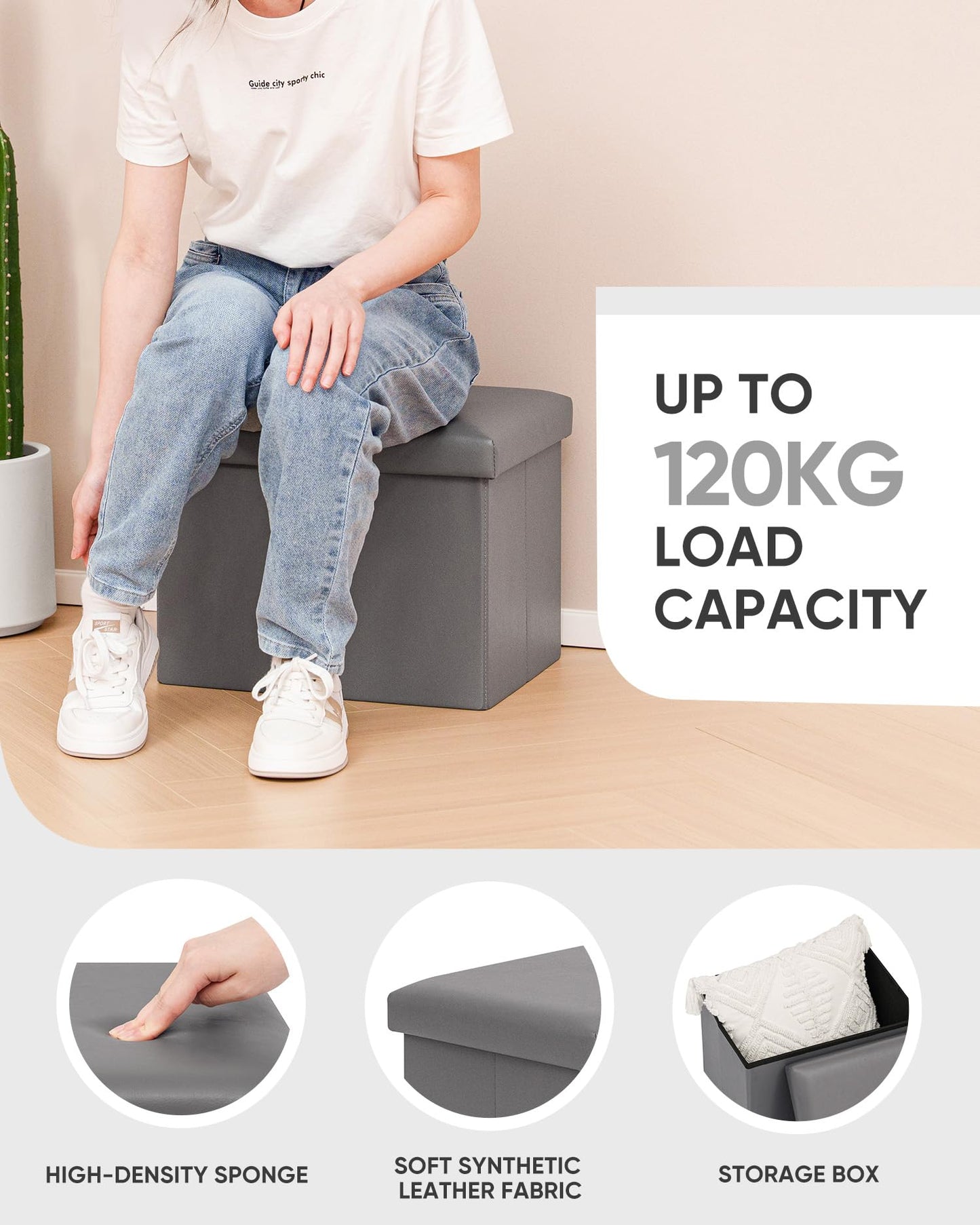 Bonlife Synthetic Leather Ottoman Storage Box, Foldable Toy Chest, Kids Footstool with Storage, Multi-Use Footrest for Living Room & Bedroom, Grey