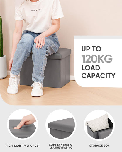 Bonlife Synthetic Leather Ottoman Storage Box, Foldable Toy Chest, Kids Footstool with Storage, Multi-Use Footrest for Living Room & Bedroom, Grey