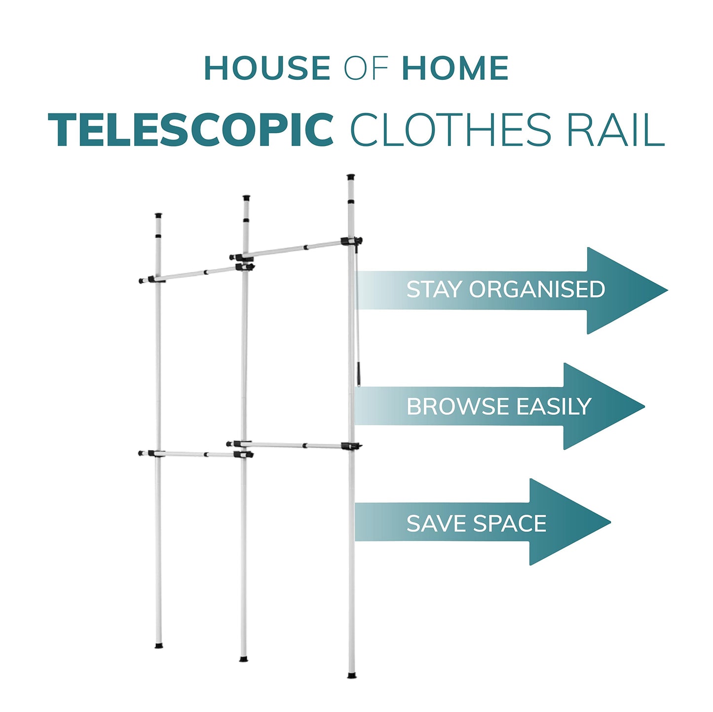 House of Home Heavy Duty Double Telescopic Clothes Rail - Rail Wardrobe Replacement - Adjustable Shelving Rack - Clothes Storage & Organiser for