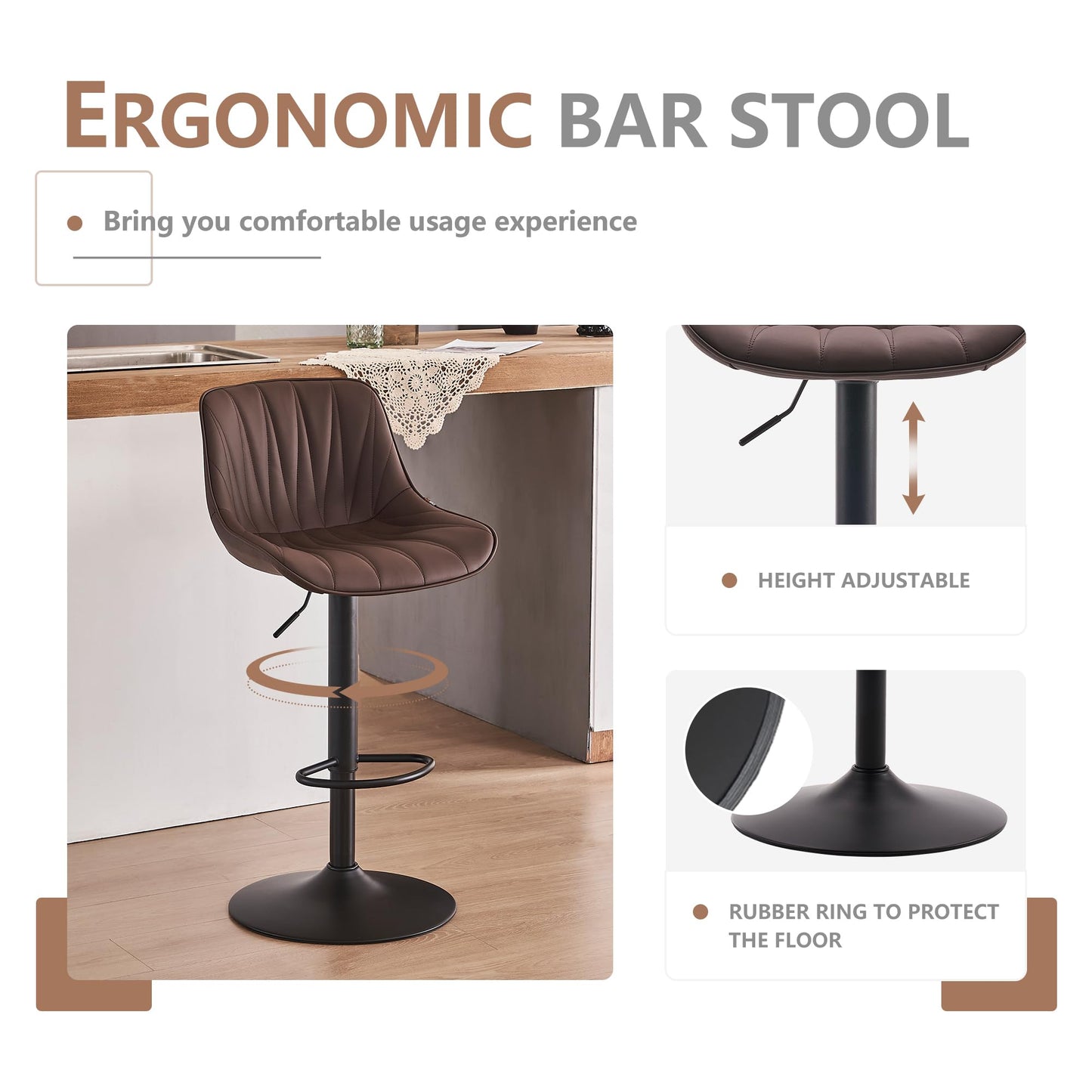 YOUNIKE Bar Stools Set of 2, Swivel Tall Barstools with Back, Adjustable Height Faux Leather Upholstered Modern Counter Height Bar Chairs