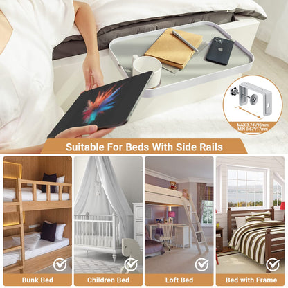 KIWIFOTOS Bedside Shelf for Bed, Clip-On Bedside Shelf Nightstand for Dorm Bunk Bed, Organizer Shelf with Cup Holder, iPad Slot, Mute Design- White
