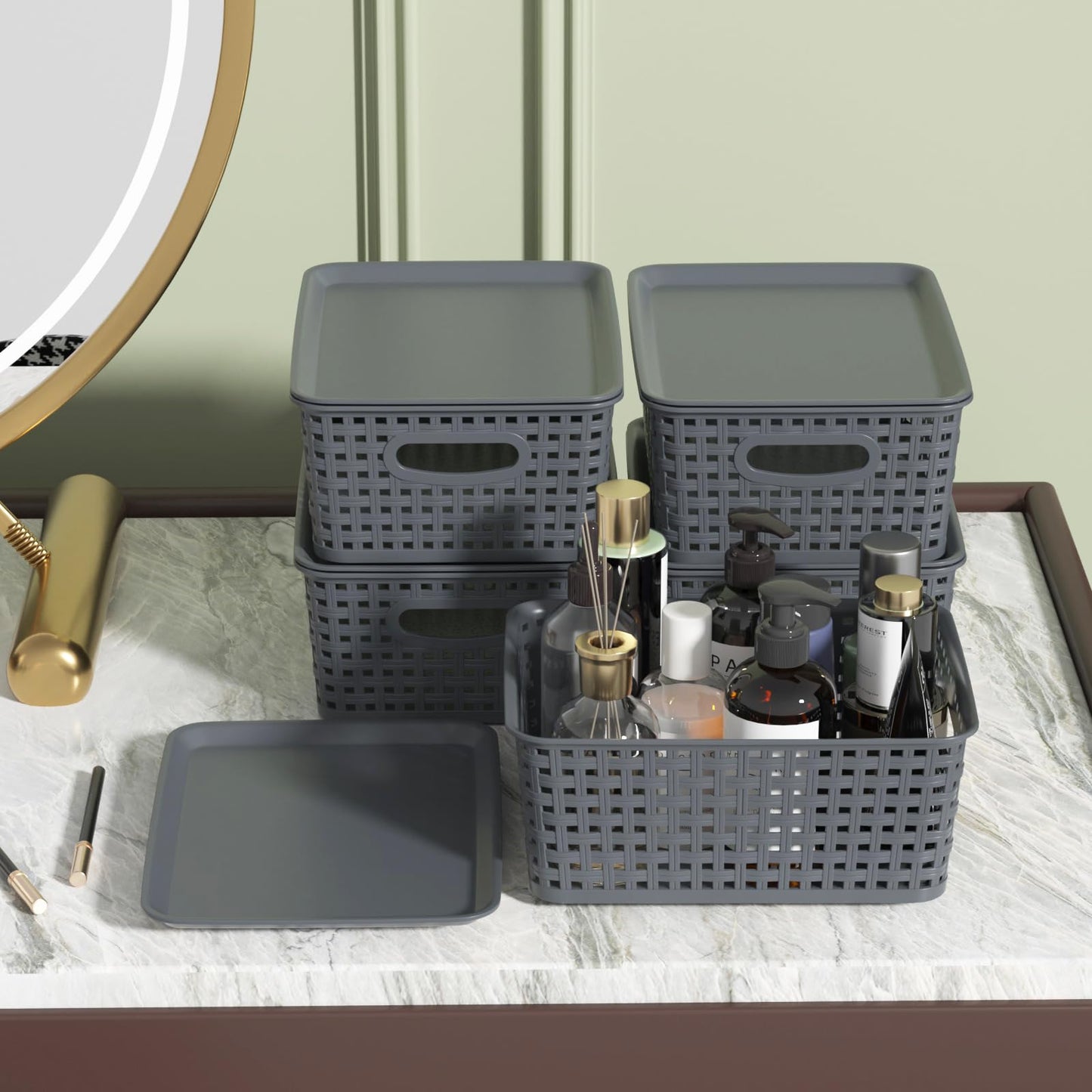 Ysmiltion Plastic Storage Baskets Bins with Lid and Handle, 6 Pack, Gray
