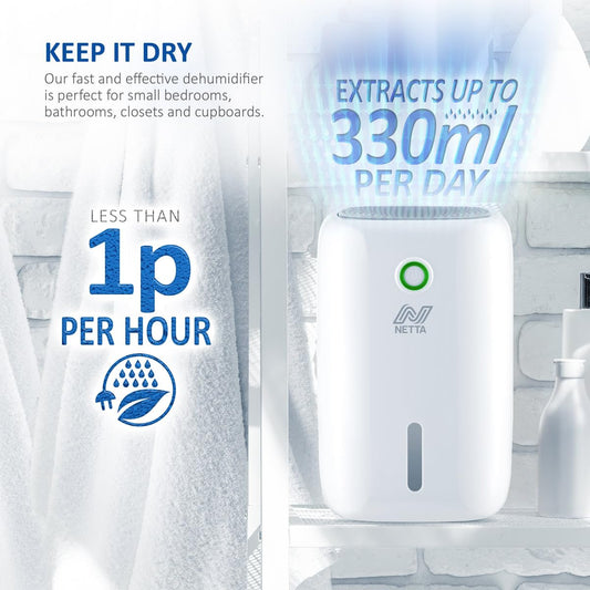 NETTA Dehumidifier 800ml Mini Air Dehumidifier for Damp, Mould, Moisture, Portable and Ultra Quiet for Home, Bathroom, Bedroom, Kitchen, Wardrobe,