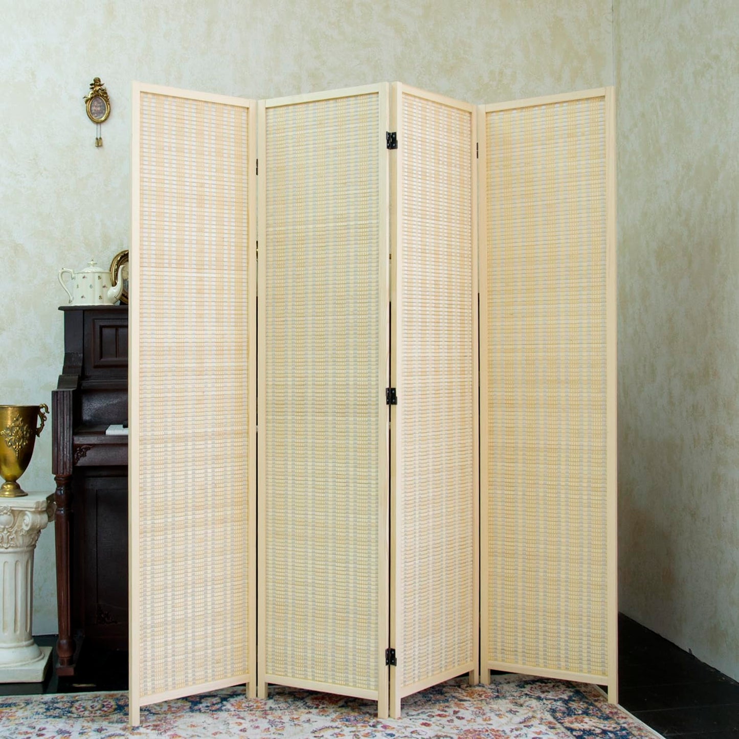 Furnnylane 4 Panel Bamboo Room Divider and Folding Panel Screen,Bamboo Panel Divider for Room Separation,Beige,170 cm H x 156 cm W