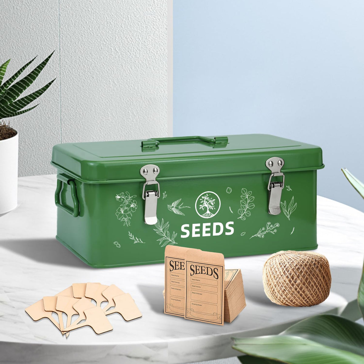 QINSDESIGNS Seed Storage Box, Seed Storage Organizer with Garden String, 30 Seed Envelopes and Bamboo Plant Labels