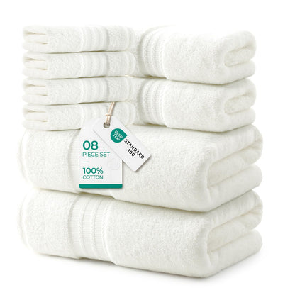 REDKISS 8 Piece Towels Set with Hanging Loop-Quick Drying & Soft, Off-White