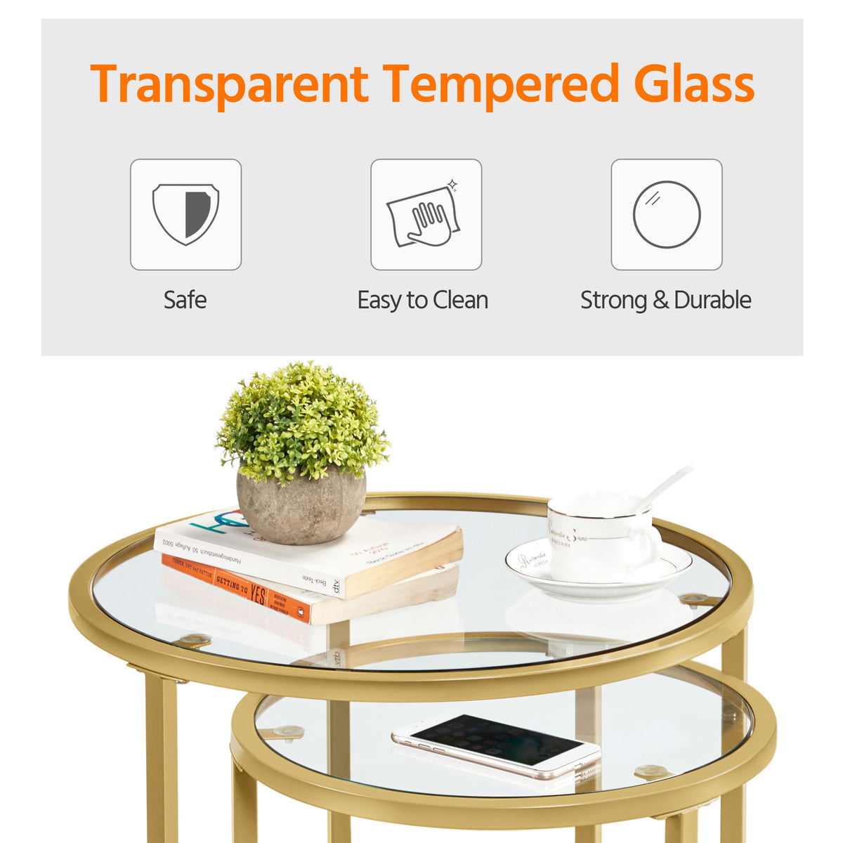 Yaheetech Glass Nesting Tables Set of 2 with Metal Frames, Mustard Gold