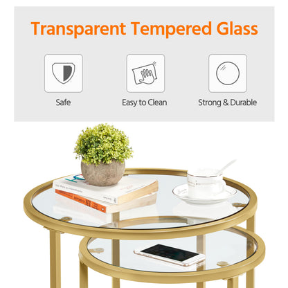 Yaheetech Glass Nesting Tables Set of 2 with Metal Frames, Mustard Gold