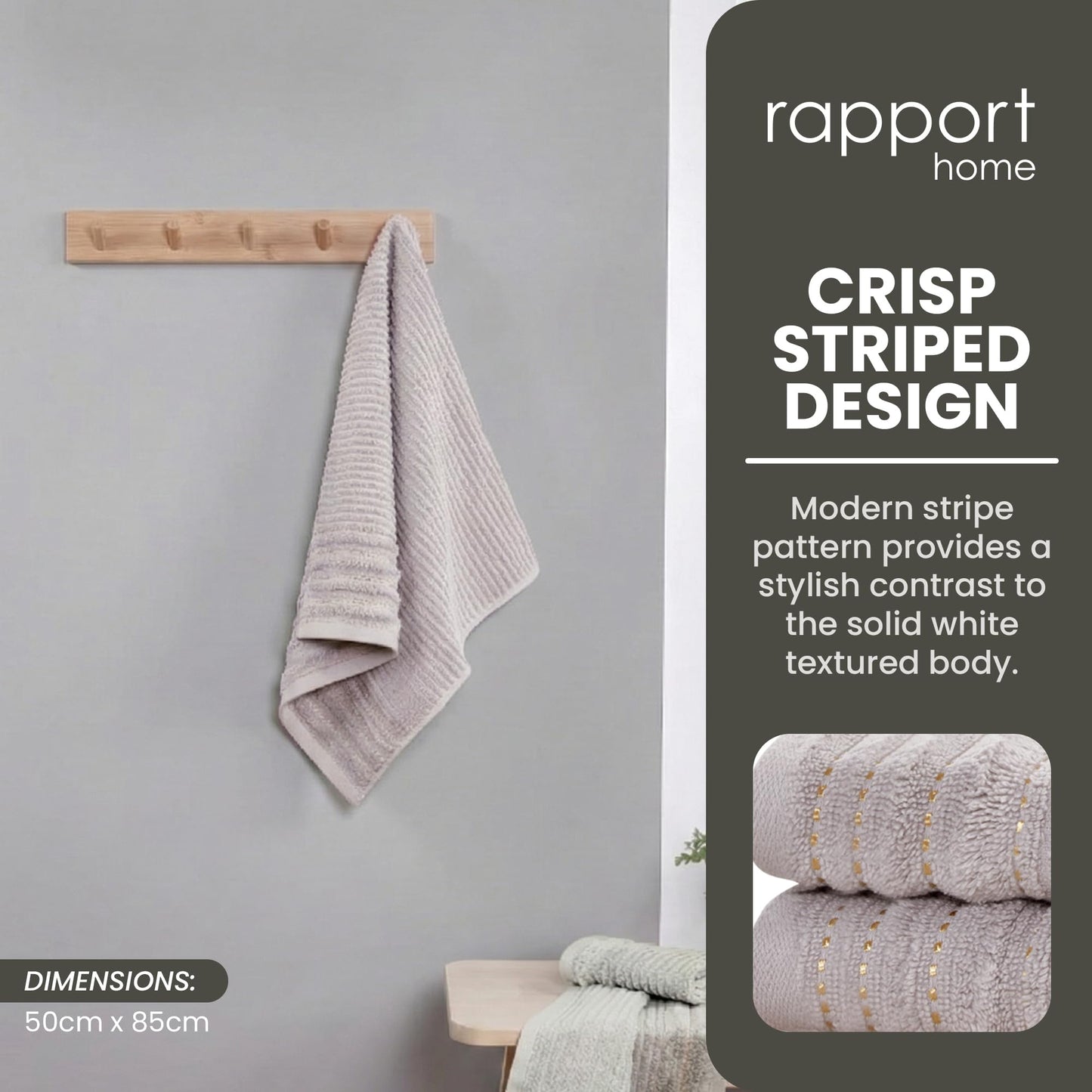 Rapport Home 2-Pack Linear Hand Towels | 50x85cm 100% Cotton 500GSM | Absorbent & Soft Bathroom Towel Set | Oeko-Tex Certified | Dove Grey