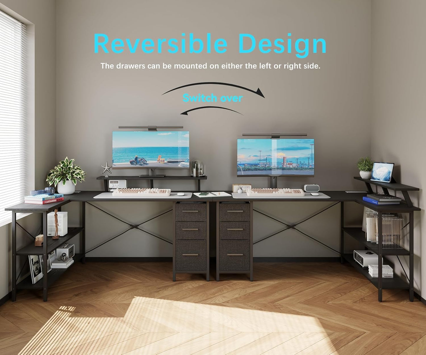 Xyphren Corner Computer Desk with Drawers, 140x80cm Reversible L Shaped Desk with Power Outlet, Home Office Desk with Monitor Stand and PC Stand
