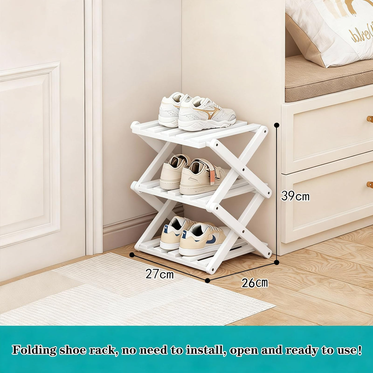 GIRYES Small Shoe Rack White, 3 Tier Bamboo Foldable Shoes Organizer Free Standing Shelf for Entryway, Bedrooms, Closet, Living Room Corner