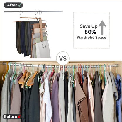 Elvora 5-Tier Beechwood Trouser Hangers – Space Saving Multi-Layer Pants Hanger for Trousers, Jeans, Skirts & Scarves