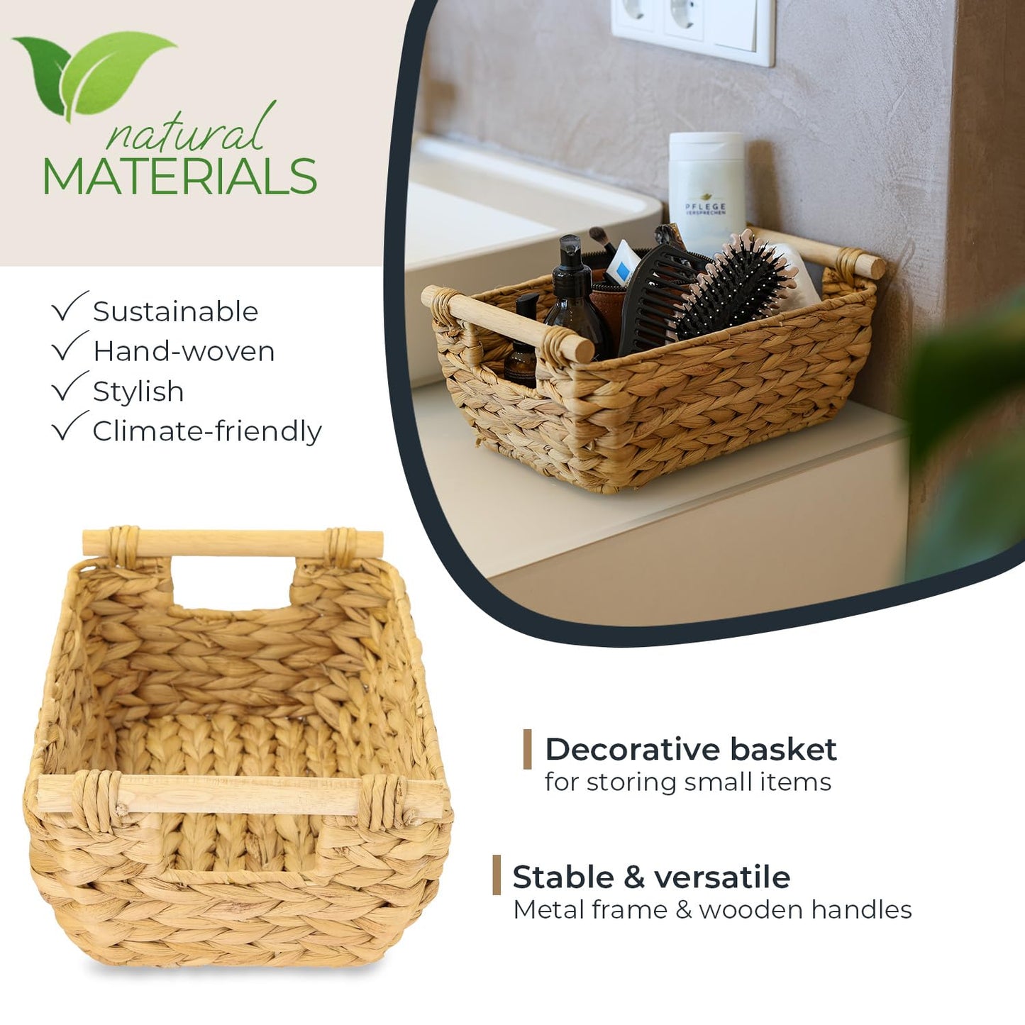 HMF Storage basket woven from water hyacinth, decorative basket with wooden handles for storage in the bathroom, living room, kitchen