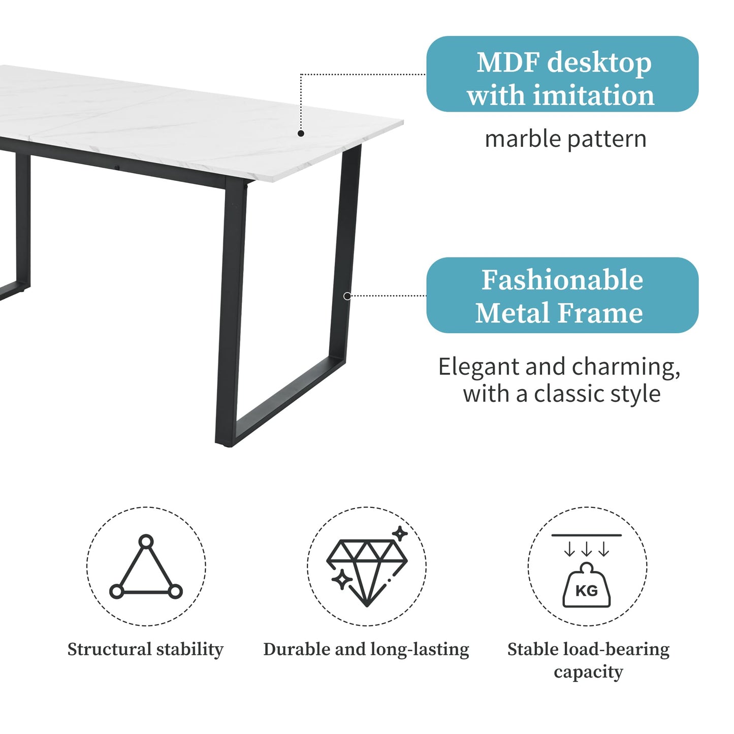 ModernLuxe Extendable Dining Table in Marble Pattern, Rectangular Kitchen Table with Iron Square Tube Legs for Home & Office, 140/180x80x75cm