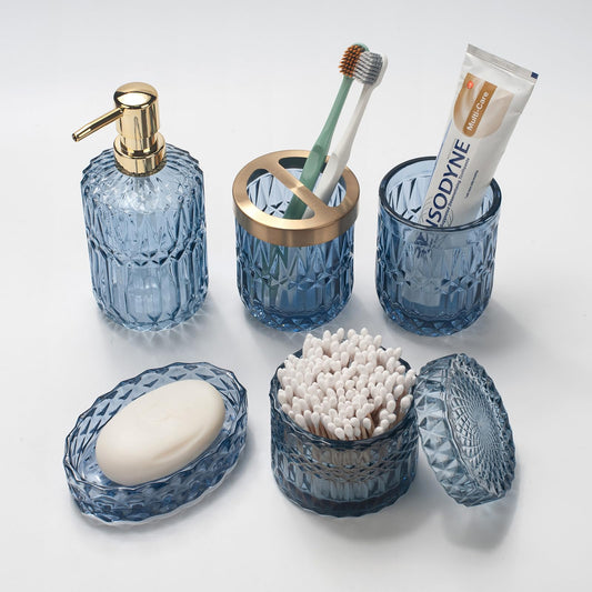 5PCS Blue Glass Bathroom Accessories Sets of Lotion Dispenser, Soap Dish, Toothbrush Holder, Tumbler, Cotton Swab Jars, Modern Bath Decor, Vintage