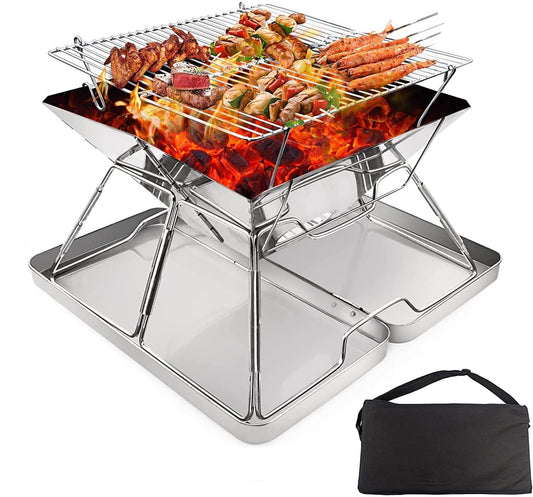 KAHEIGN Stainless Steel Fire Pit, Foldable BBQ Grill Rack Portable Campfire Pit Liftable Wood Burning Charcoal Grill for Camping Picnic Patio Backyard
